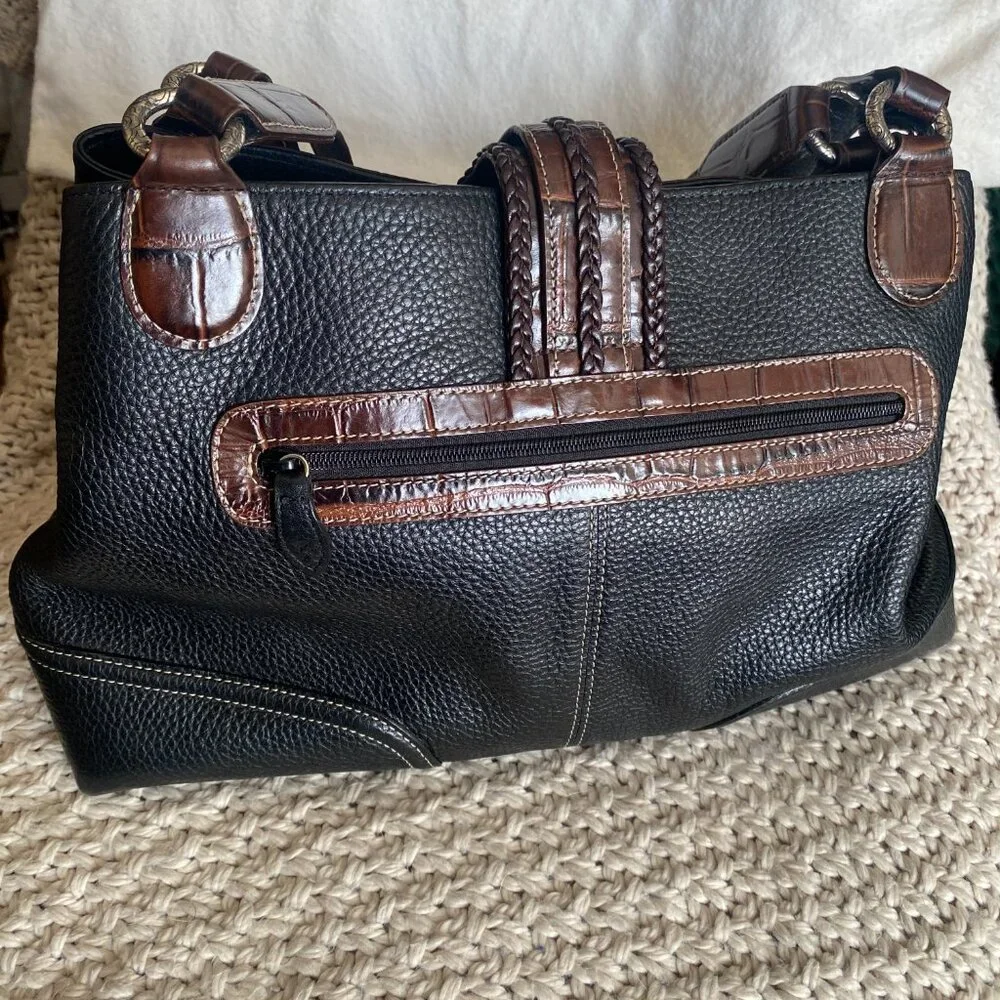 Brighton Croc Embossed Leather Tote Brown & Black Braided Detail - Picture 12 of 16